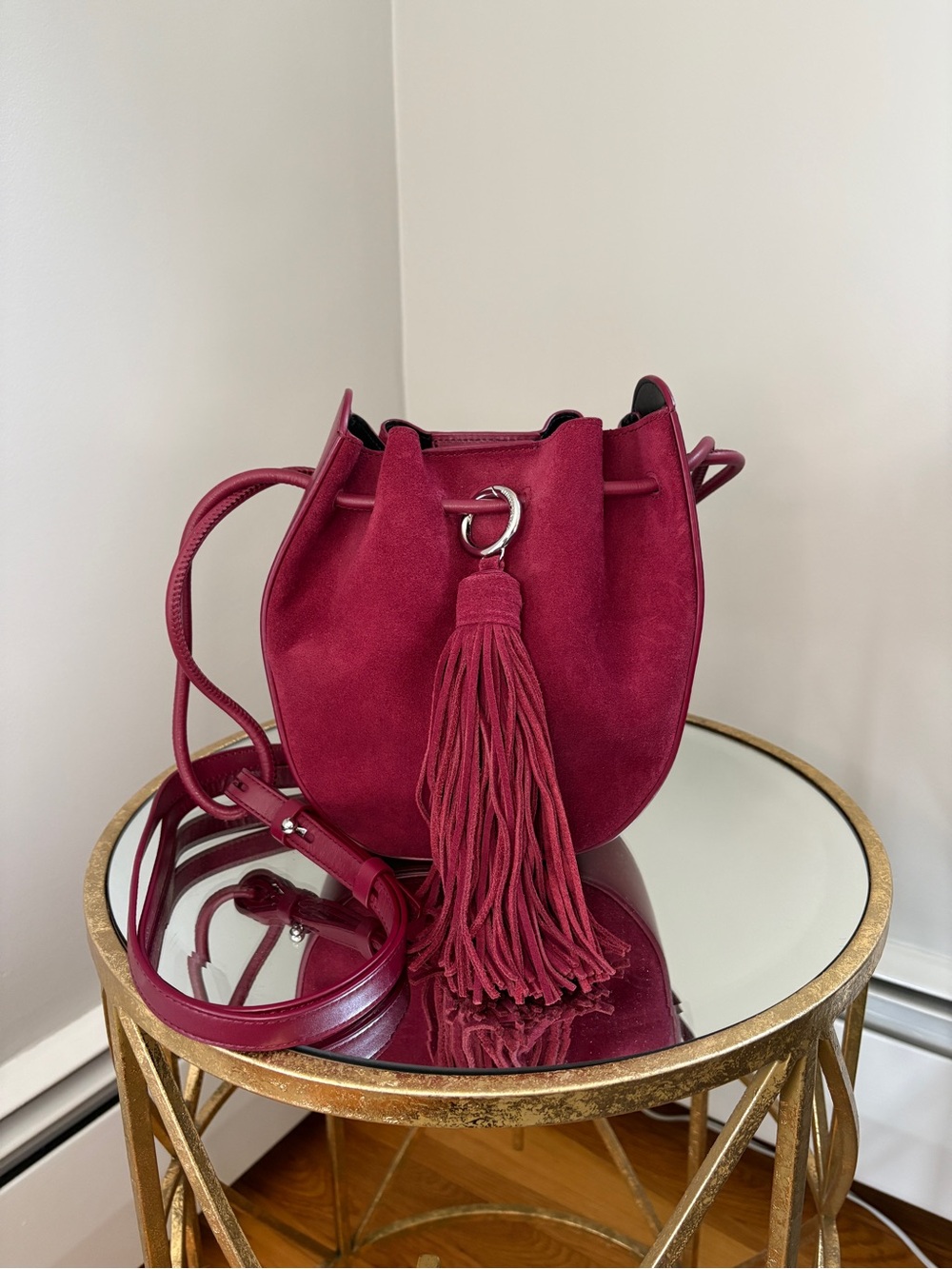 Rebecca Minkoff-Suede and Leather Tassel Bucket Crossbody Bag